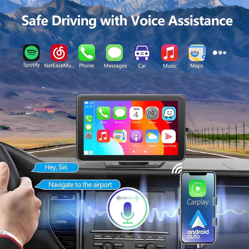 LANGDA Portable Carplay Screen for Car, 7" Wireless Carplay & Android Auto with Bluetooth, HD Backup Camera, GPS Navigation, Siri, FM, AUX, Mirror Link for All Vehicles - Image 3